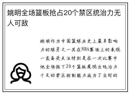 姚明全场篮板抢占20个禁区统治力无人可敌